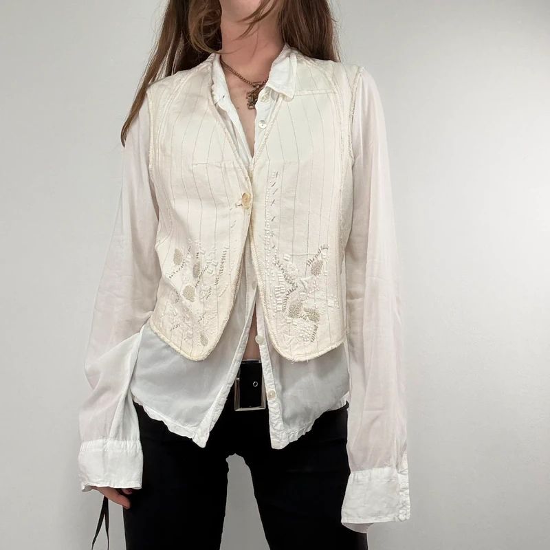 cream pinstripe Marithé + François Girbaud waistcoat vest
