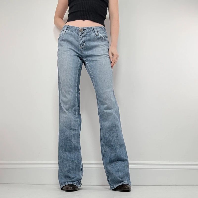 distressed flared leg low rise jeans