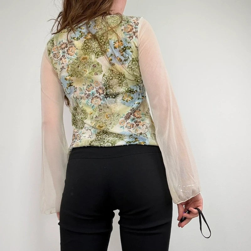 Mesh boho flare paisley print blouse t-shirt