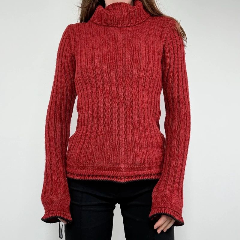 red wool ribbed knit jumper