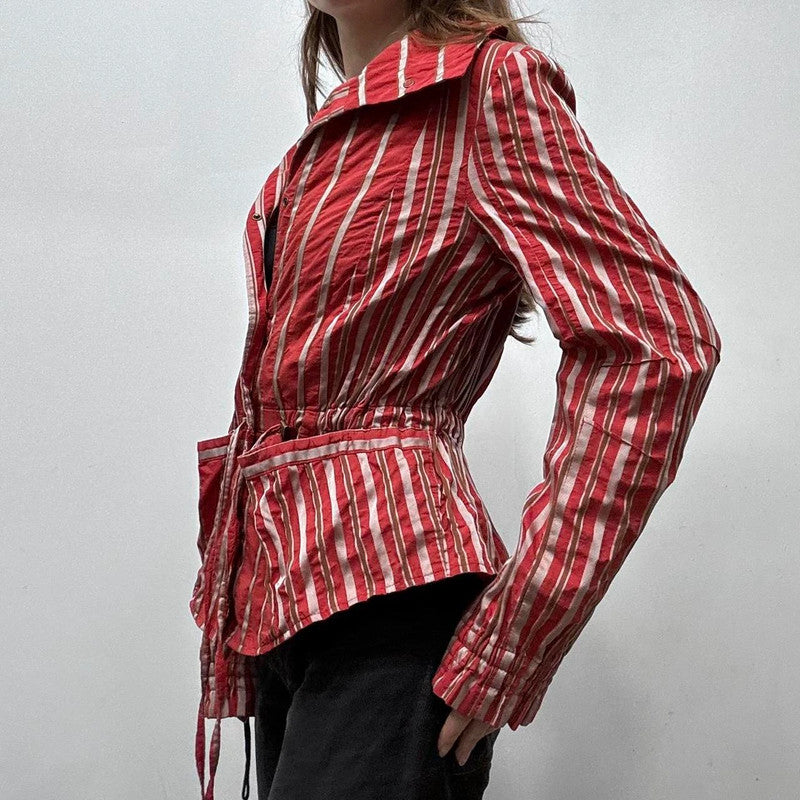 Red pinstripe fitted shirt jacket