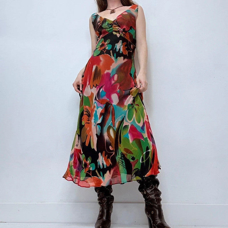 graphic patterned bias cut maxi dress