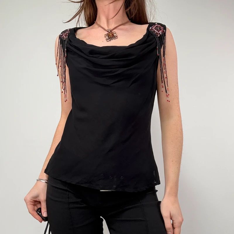 Vintage Black Drape Beaded Cami
