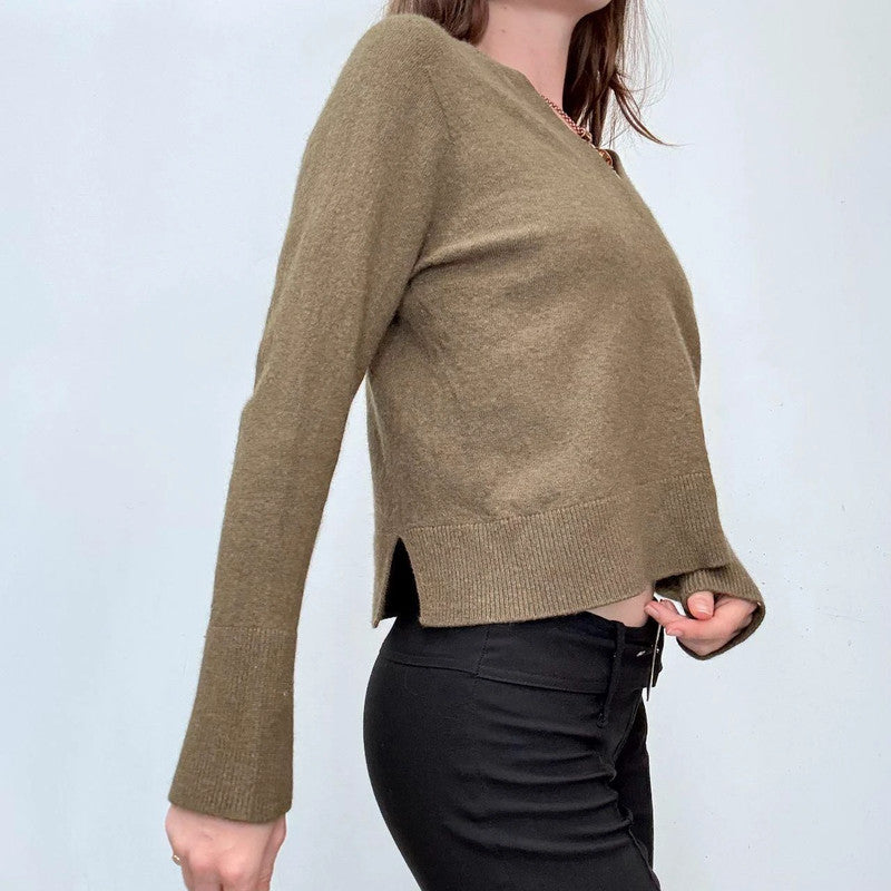 khaki slouchy wool knitted v-neck jumper