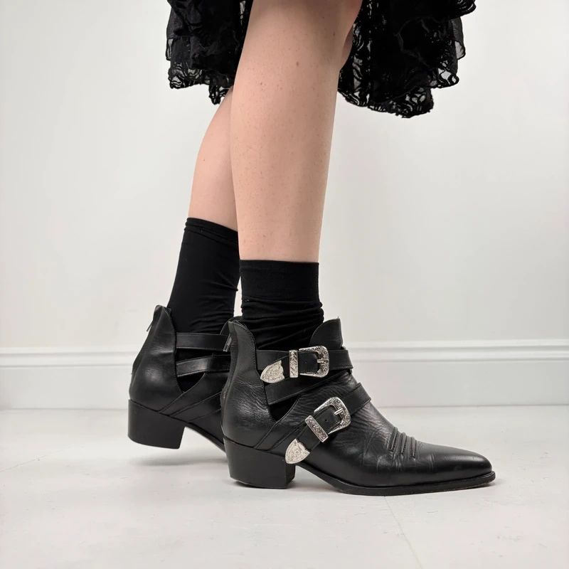 The Kooples black leather buckle western boho boots