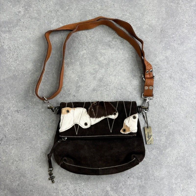brown suede cowhide leather patchwork bag