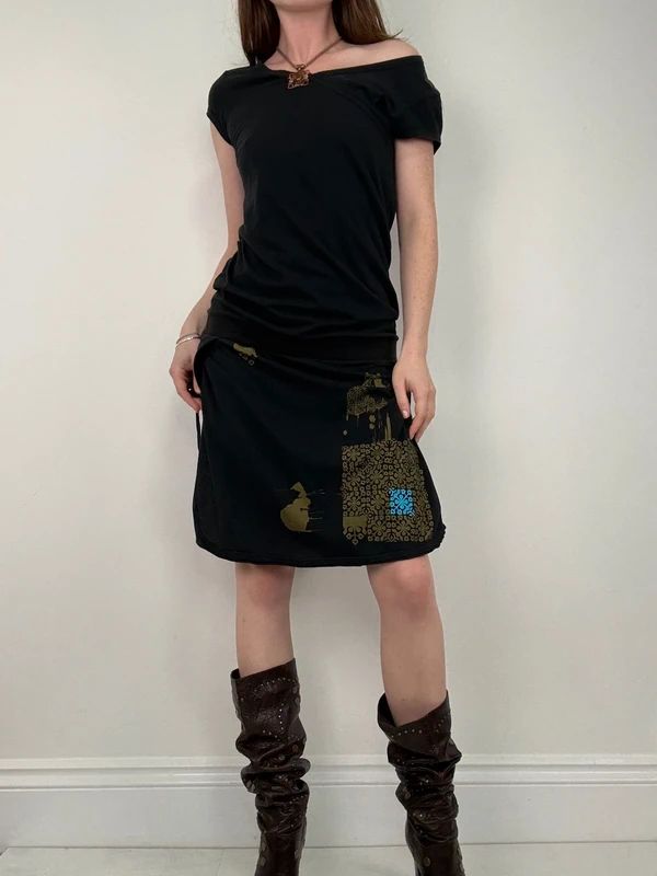 off the shoulder black slouchy drop waist dress