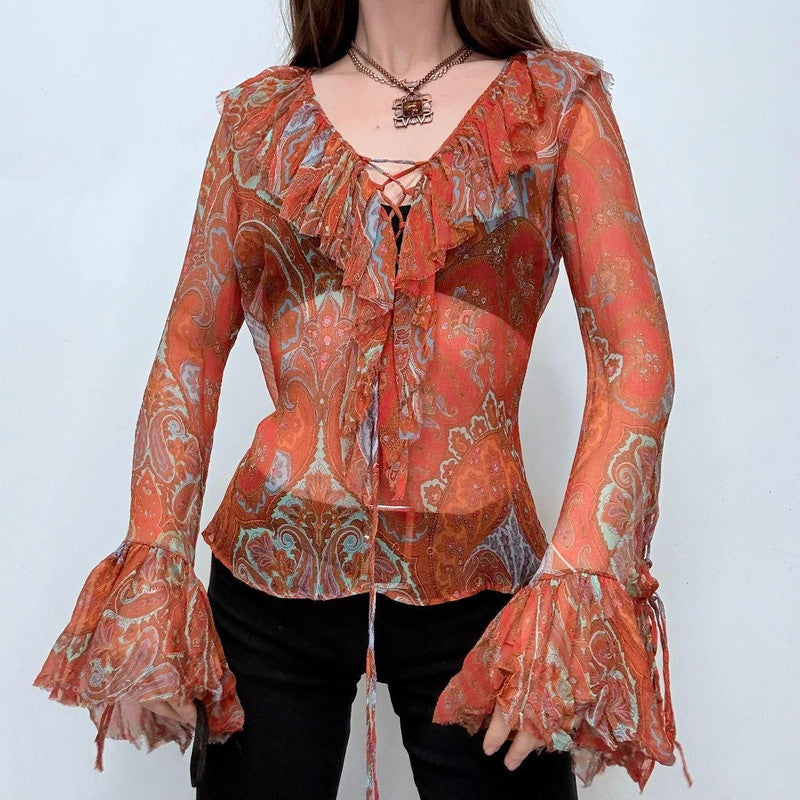 paisley sheer silk flared ruffle shirt