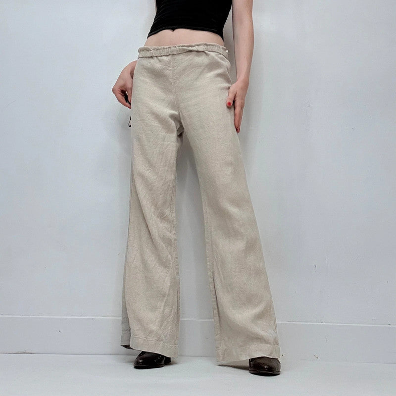 tan 100% linen wide leg flared trousers