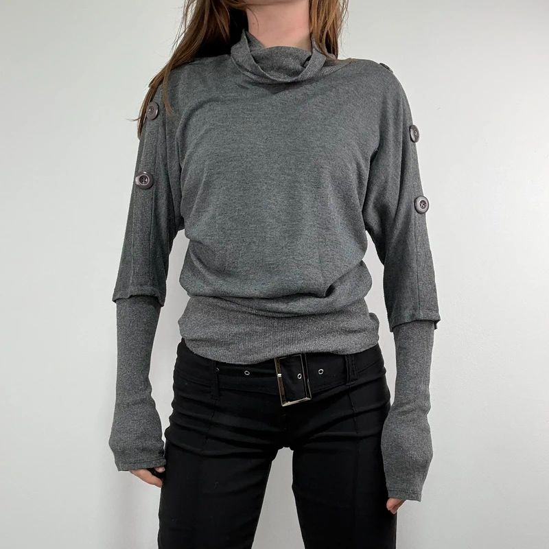 grey slouchy knit ribbed fitted jumper with button details