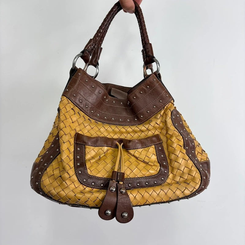 Woven leather brown Karen millen studded handbag