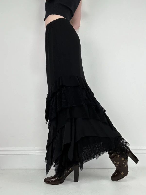 black ruffle grunge layered whimsygoth maxi skirt