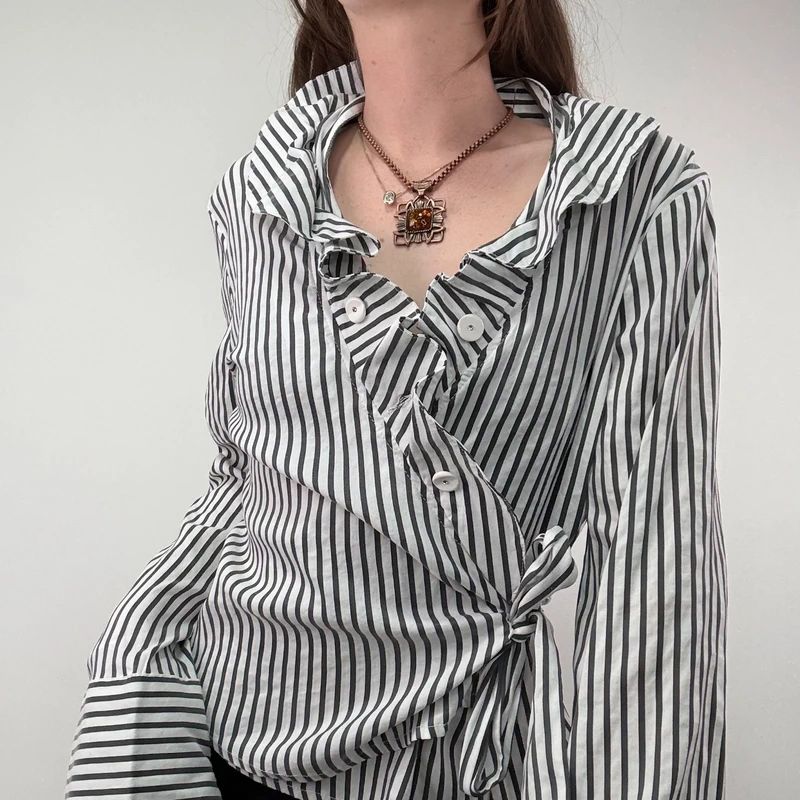Asymmetric Pinstripe Wrap Ruffle Shirt