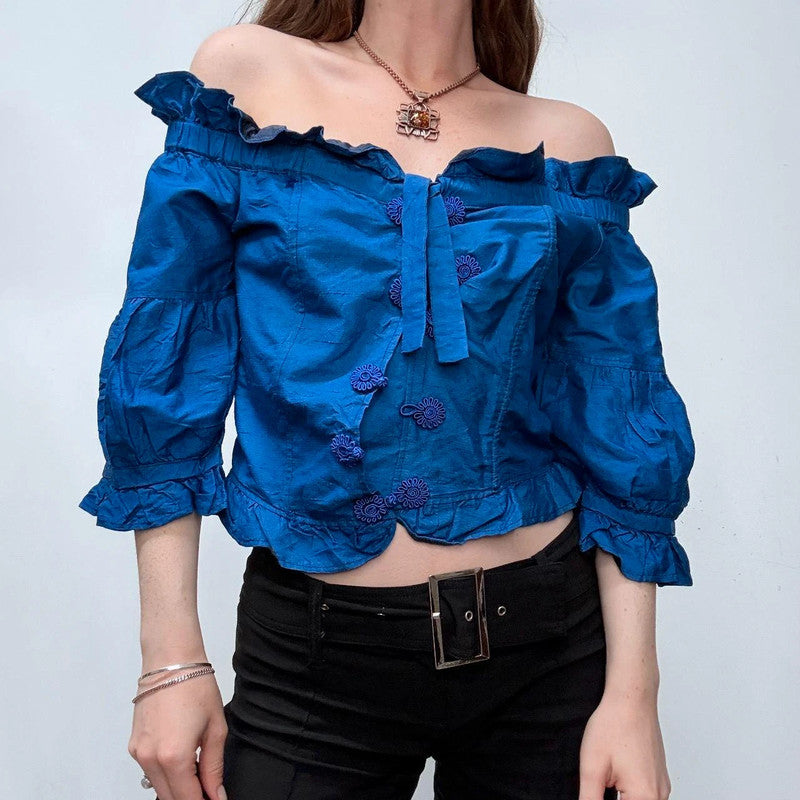 blue silk off the shoulder ruffle blouse