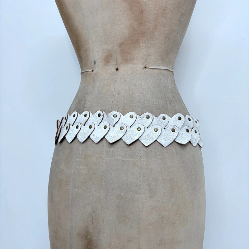 Distressed white leather heart link belt