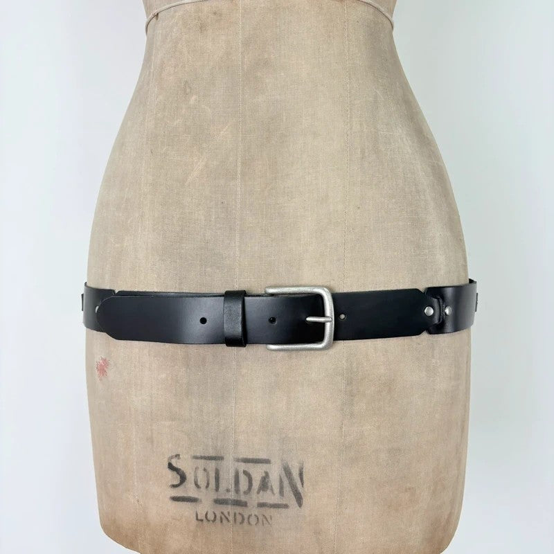 Black leather silver link belt
