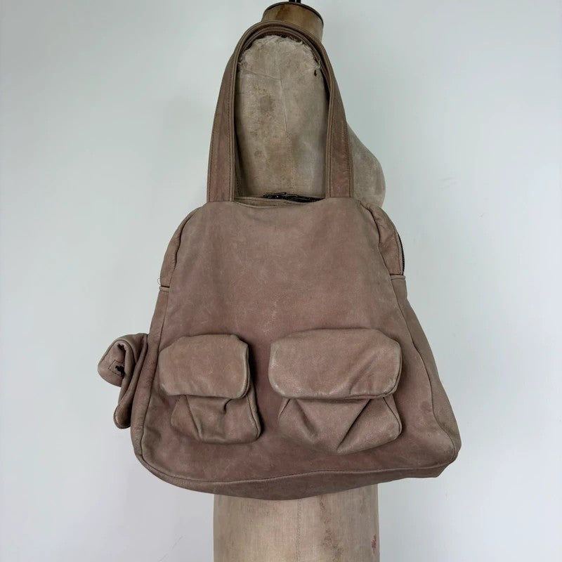 Dusty pink distressed leather cargo slouchy pocket bag