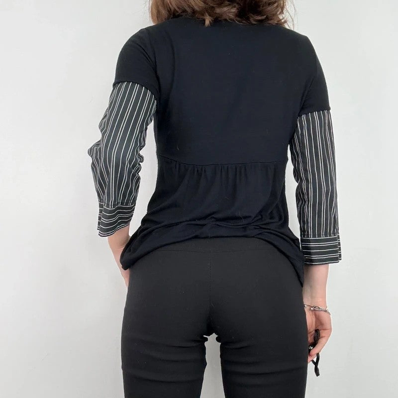 black pinstripe layered flared shirt