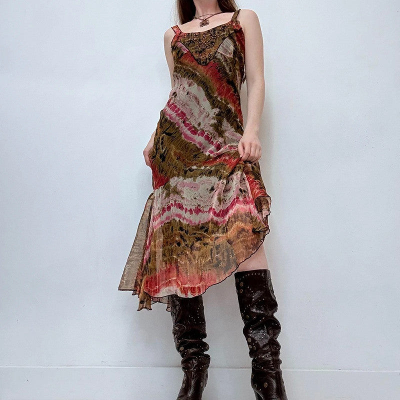 bias cut distressed printed earthy tone midi dress