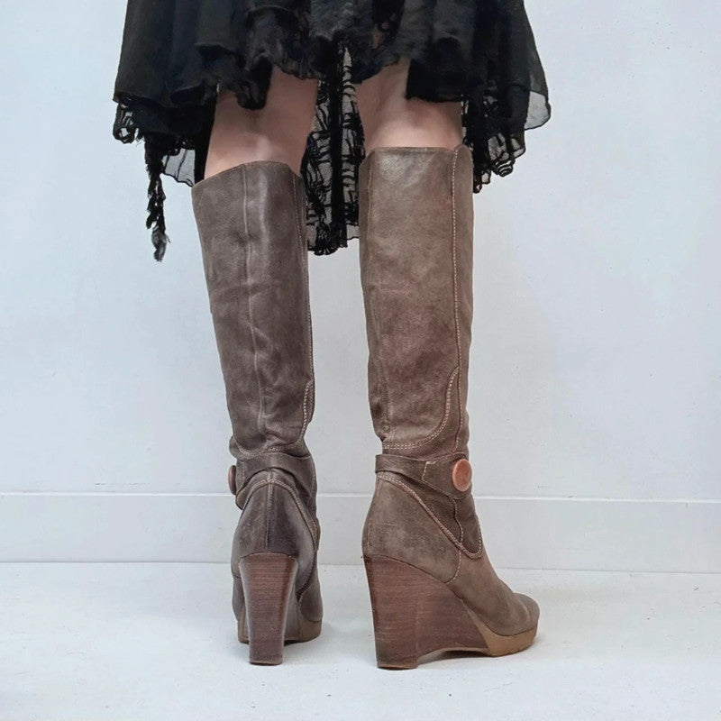 Brown leather wedge knee high boots