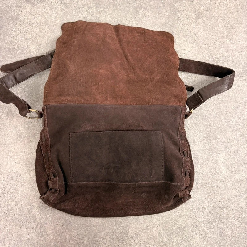 Brown cow hide leather satchel bag with gold embellishment