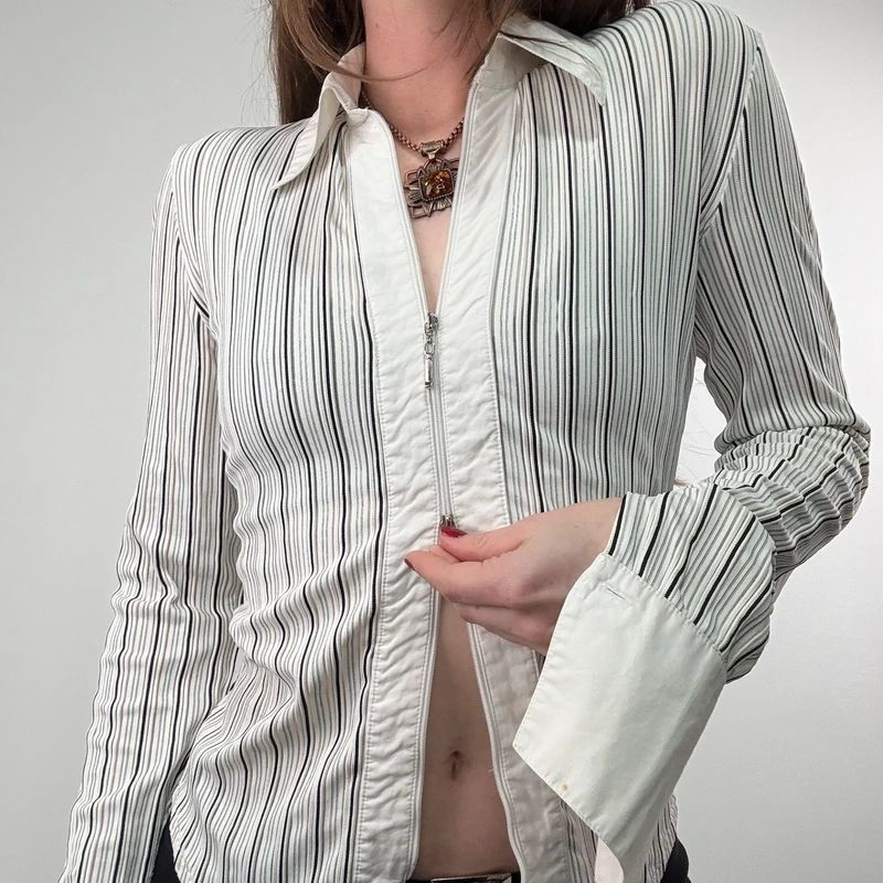 zip through pinstripe fitted white shirt