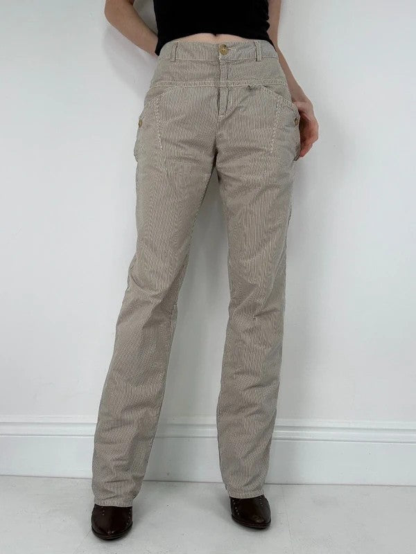 beige pinstripe cargo slim fit cotton trousers