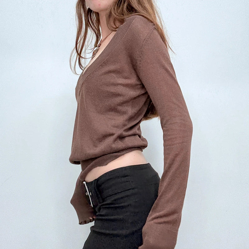 brown sheer knit slouchy off the shoulder jumper