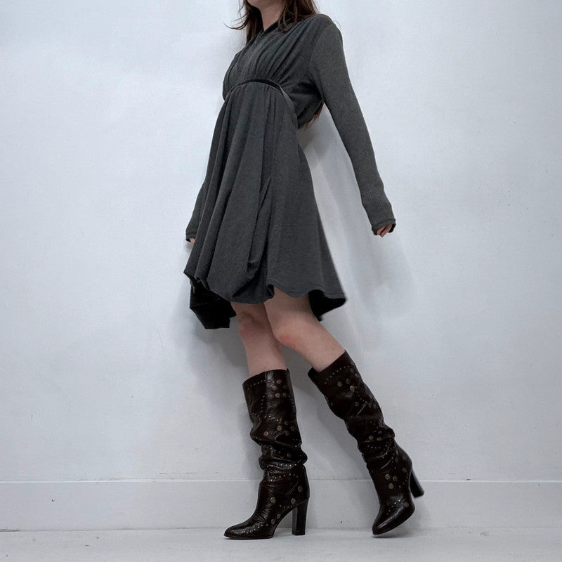 grey knitted long sleeve draped dress