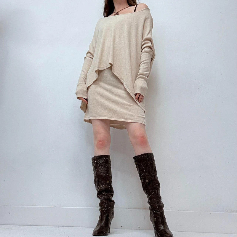 cream draped layered off the shoulder dress