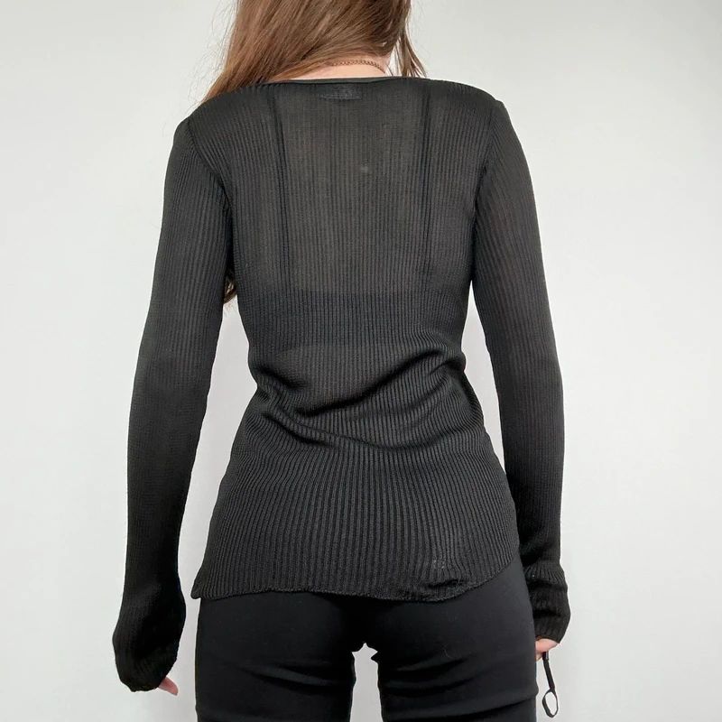 black semi sheer ribbed knit cardigan