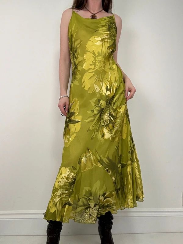 green floral watercolour silk bias cut maxi dress