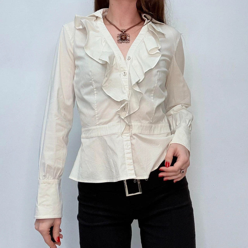 white ruffle fitted shirt