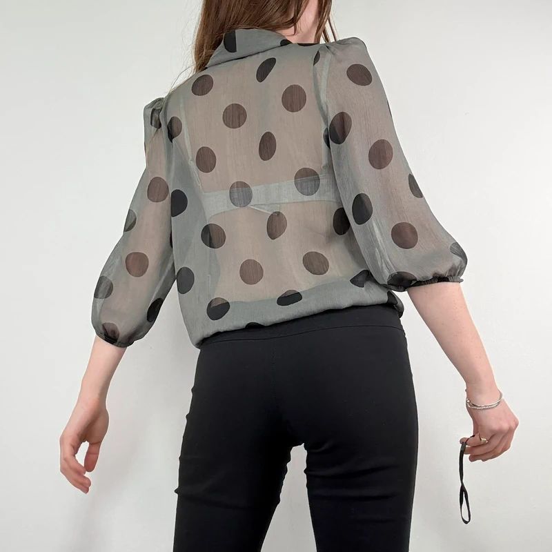 grey polkadot bow blouse