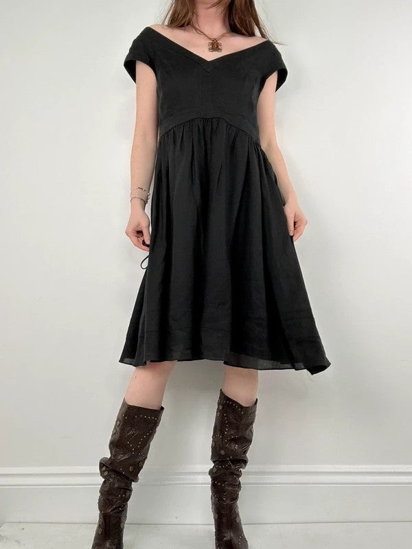 black pleated drop waist linen midi dress