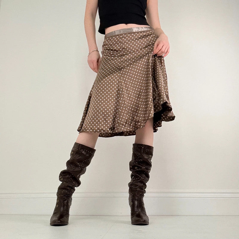 brown silk polka dot midi skirt