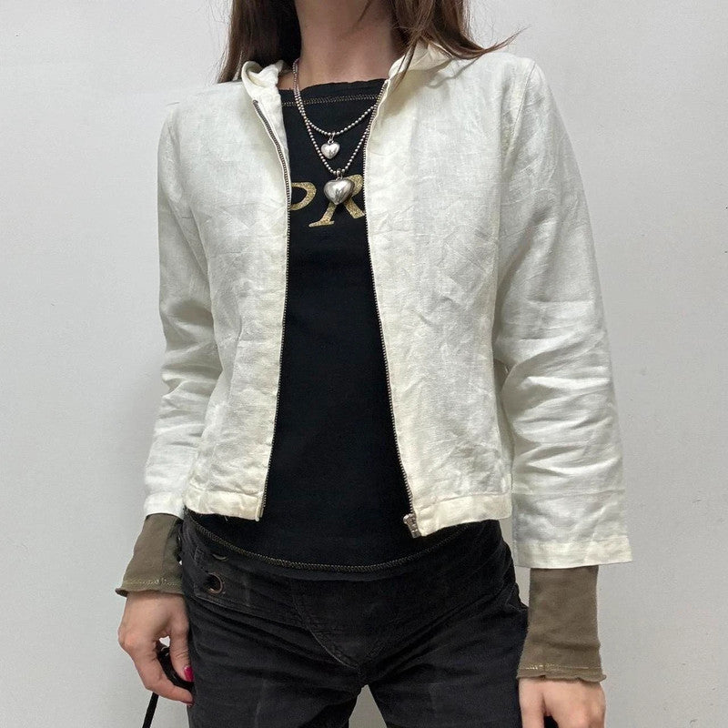 Minimalist zip up white linen shirt