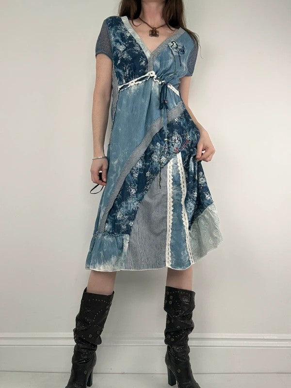 Floral lace blue flared patchwork midi dress
