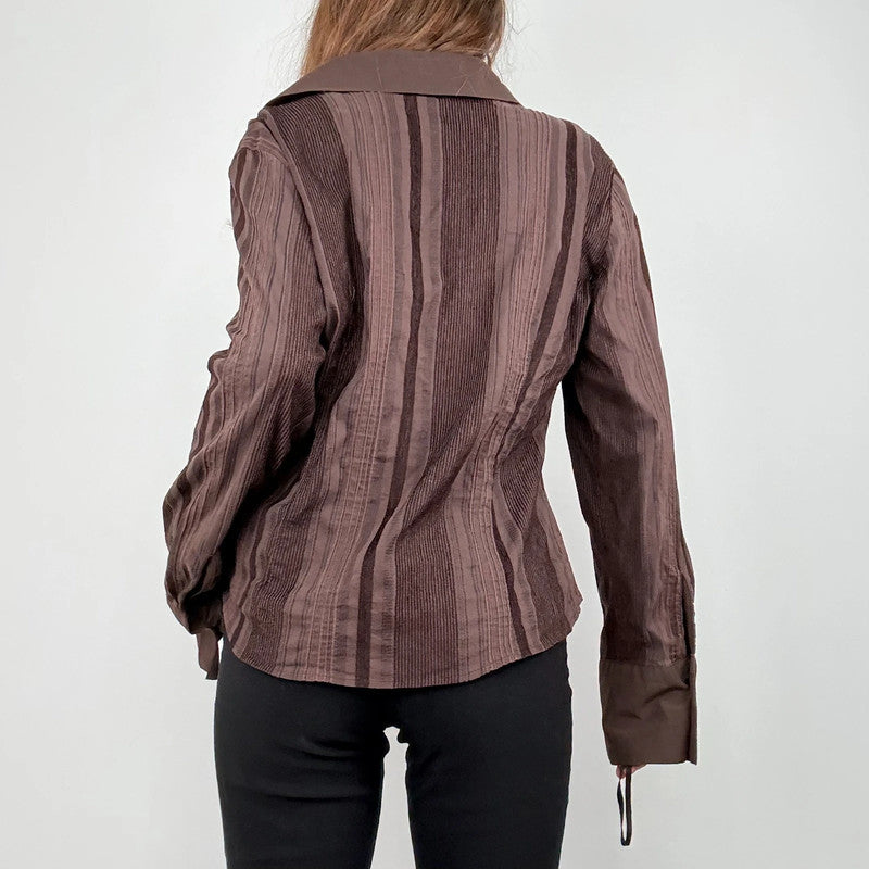 brown pinstripe zip shirt