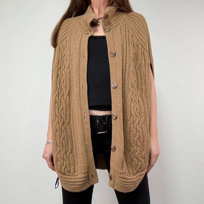 Tan Cable Knit Cape Cardigan