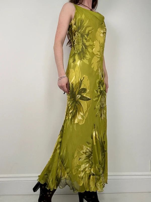 green floral watercolour silk bias cut maxi dress