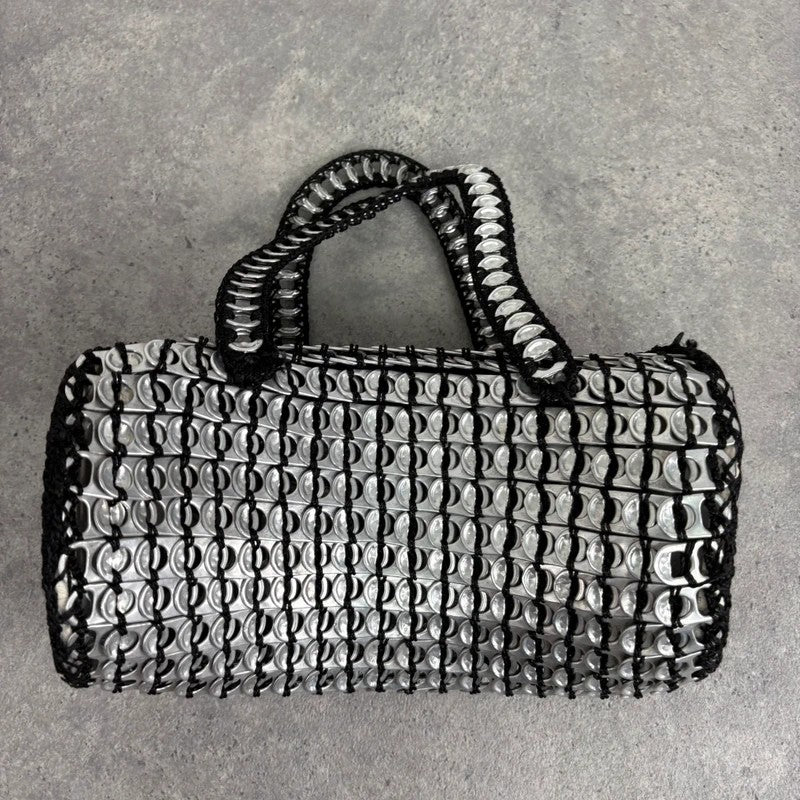 Vintage crochet can tab silver barrel handbag