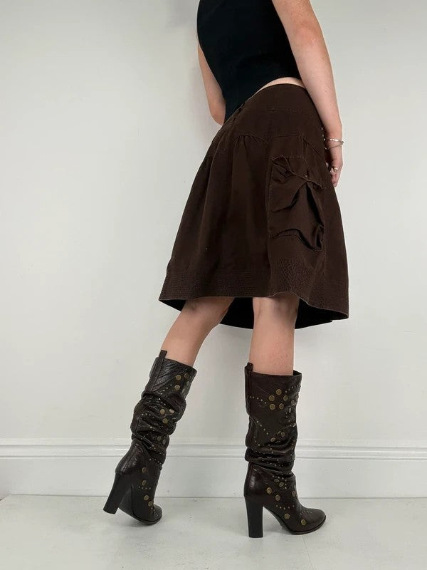 pleated brown cotton thick waistband drop waist puff midi skirt