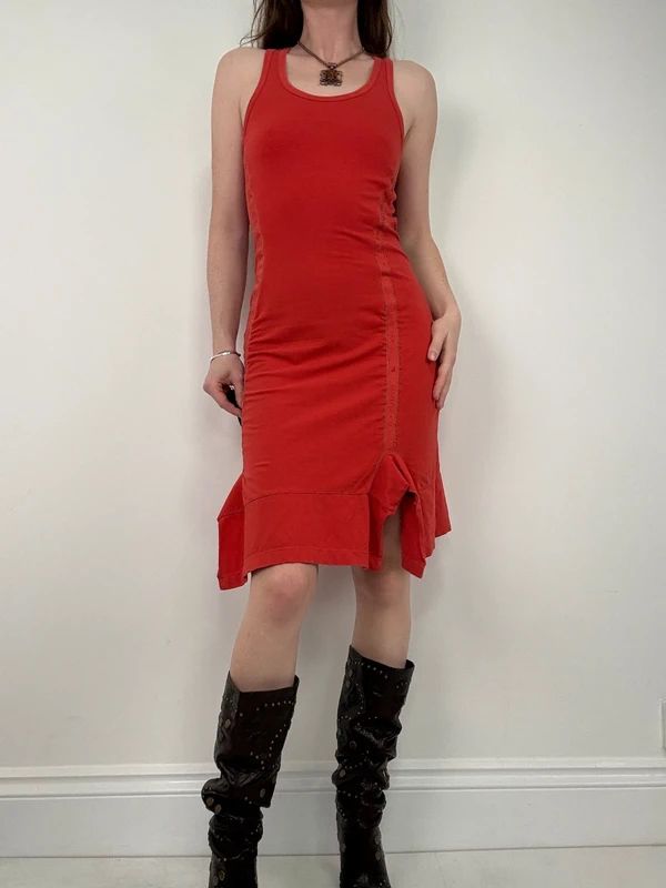 Marithé + François Girbaud gathered red midi dress