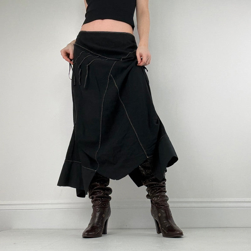 panelled patchwork asymmetric black midi skirt