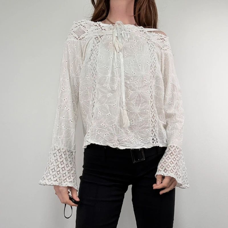 white lace embroidered off the shoulder lace blouse