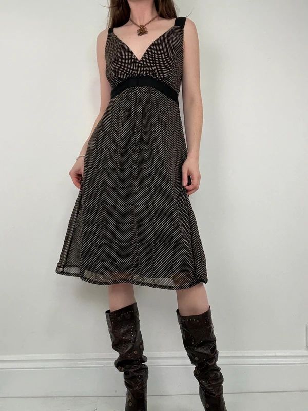 black polkadot flared midi dress