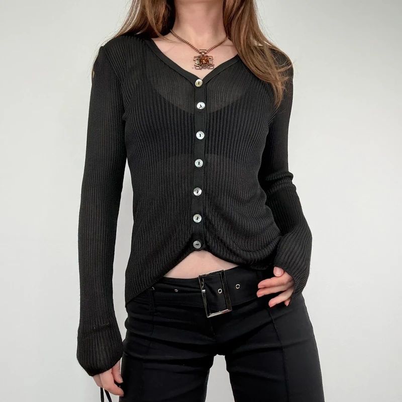 black semi sheer ribbed knit cardigan