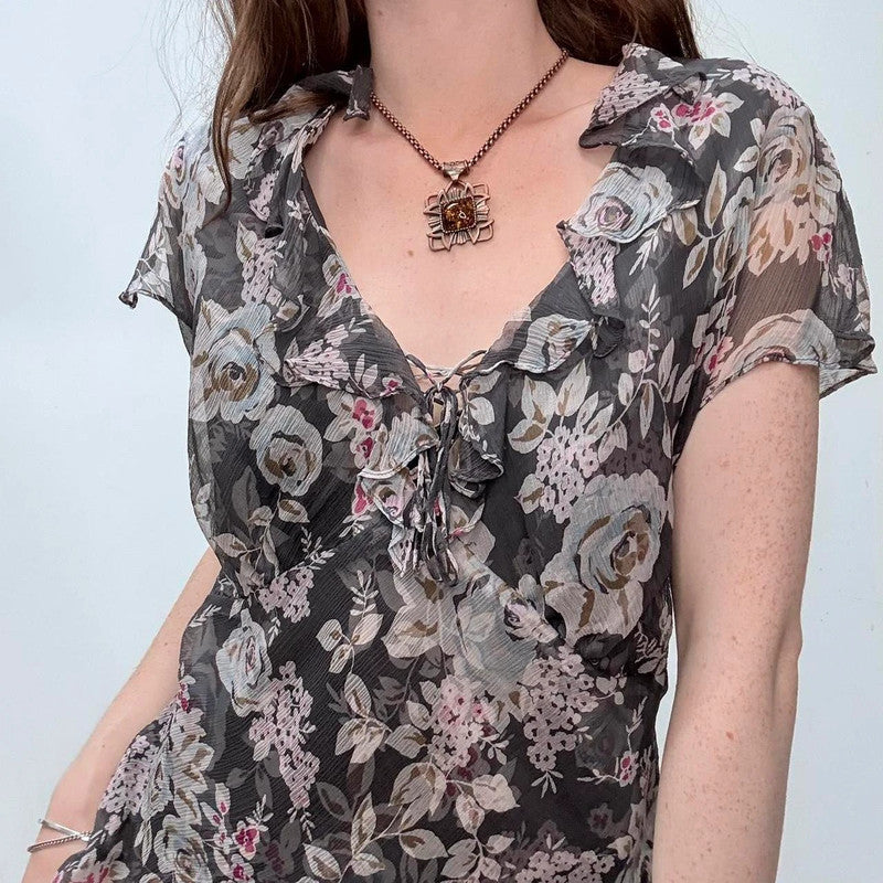 sheer floral flutter silk bias cut top