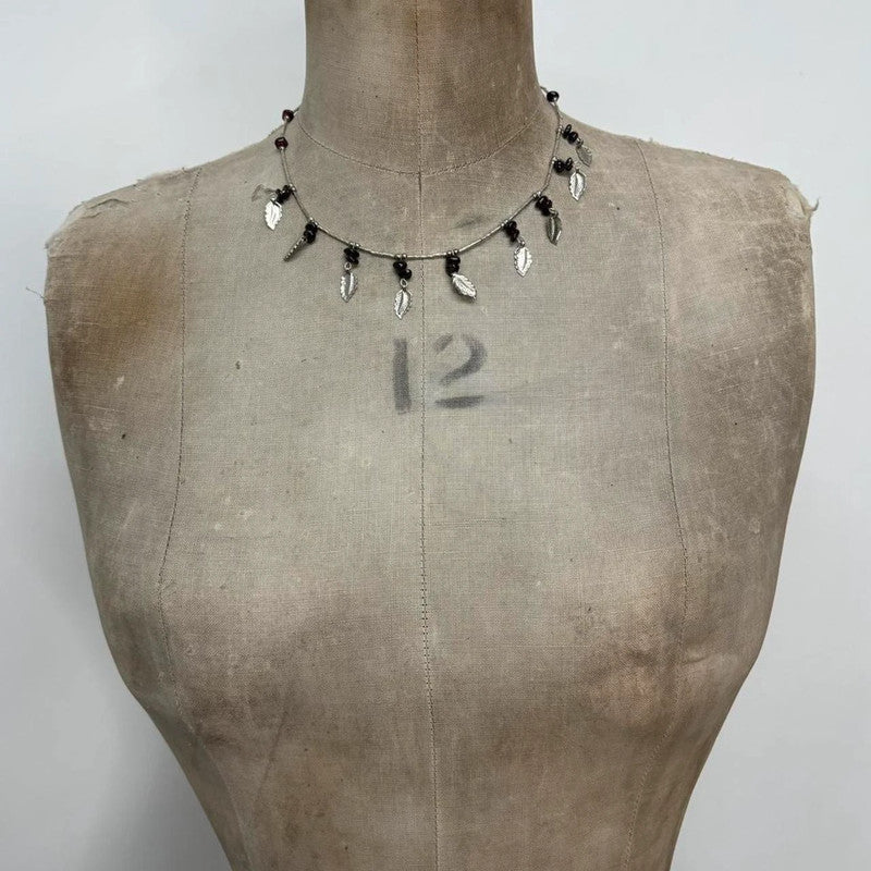 silver bead draped leaf necklace